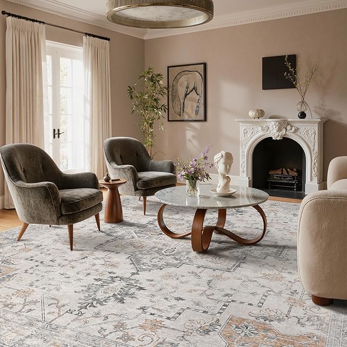 GENIMO 10x14 Area Rugs for Living Room, Non Slip Machine Washable Vintage Rugs, Low Pile Lightweight Chenille Print Large Rug for Bedroom, Dining Room, Home Office, Light Taupe Brown