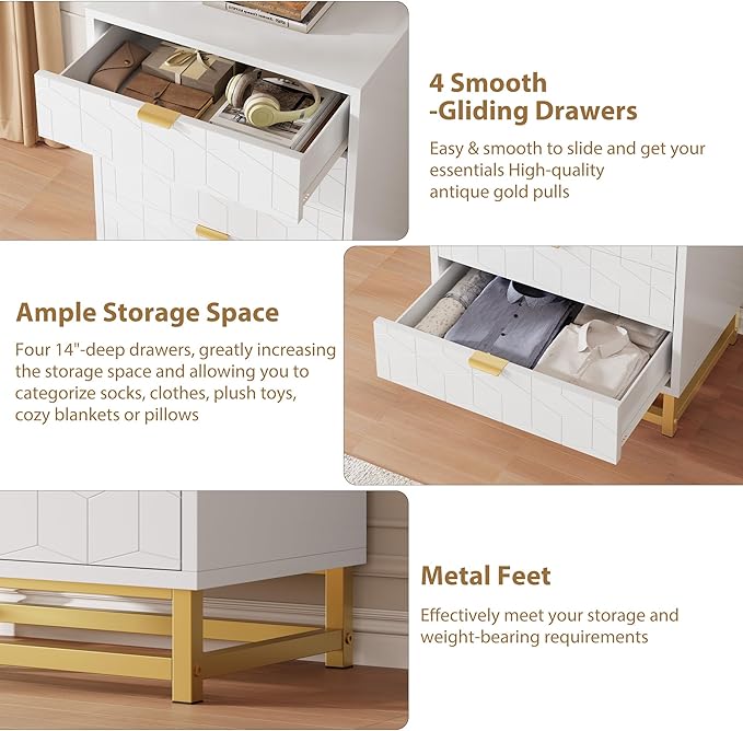 White Dresser, 4 Drawer Dresser for Bedroom, Modern Dressers with Gold Metal Handles for Living Room, Hallway, Entryway