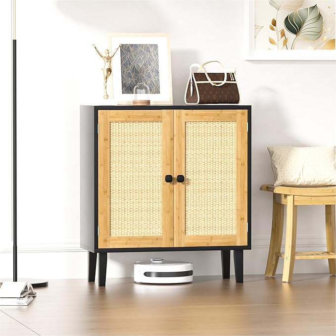 Bamboo Sideboard Buffet Cabinet with Rattan 2 Doors Kitchen Cupboard Accent Entryway Living Room Cabinet Black