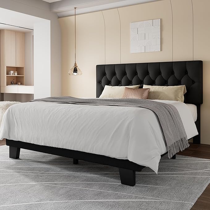 Feonase Queen Platform Bed Frame with Button Tufted Headboard, Upholstered Linen Bed with Wooden Slats Support, No Box Spring Needed, Easy Assembly, Noise-Free, Black