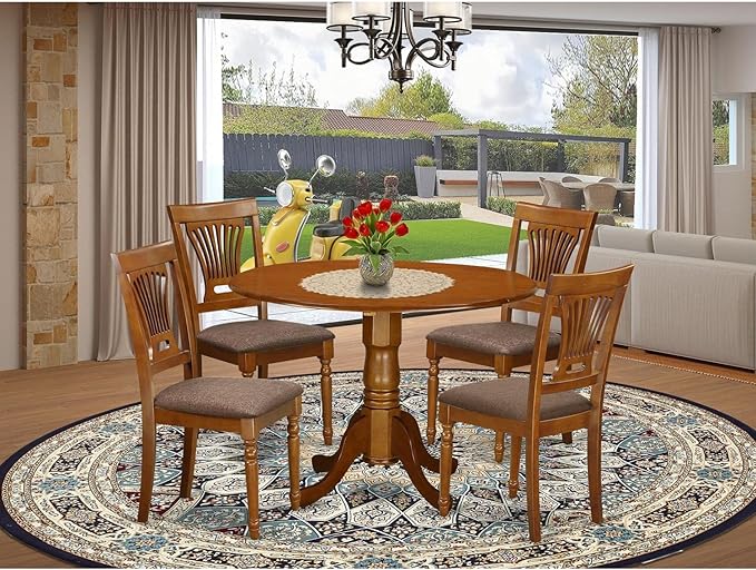 East West Furniture DLPL5-SBR-C 5 Piece Dining Set Includes a Round Dining Room Table with Dropleaf and 4 Linen Fabric Upholstered Chairs, 42x42 Inch, Saddle Brown