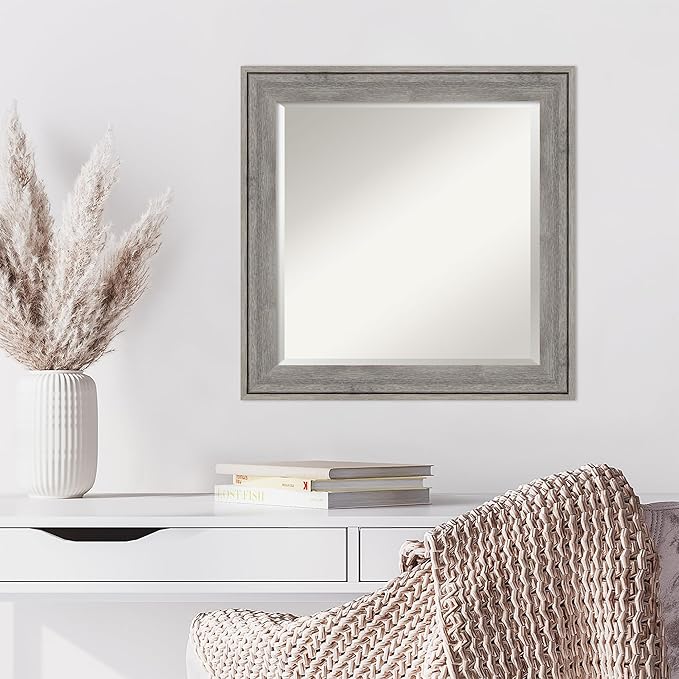 Amanti Art Grey Wall Mirror 25x25 Regis Barnwood Grey Square Bathroom Mirror for Wall Decor Living Room, Medium Rustic Farmhouse Wood Frame, Hangs Horizonally and Vertically, Bathroom Decor, Beveled