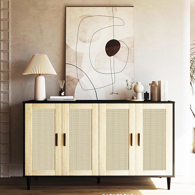 Black Buffet Sideboard,Kitchen Storage Cabinet with 4 Rattan Decorated Doors,Coffee Bar Cabinet with Adjustable Shelves for Living Room,Hallway
