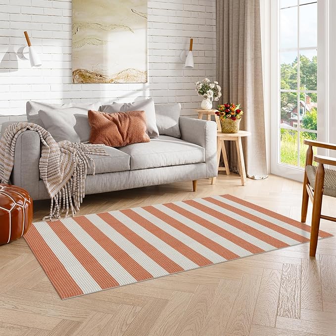 OJIA Outdoor Rug 4'x6', Cotton Woven Patio Rug Washable Rugs Front Porch Rug Outdoor Door Mat Entryway Rugs Indoor Area Rugs Floor Mat for Backyard/Entry/Kitchen/Bedroom/Living Room (Orange/White/Tan)