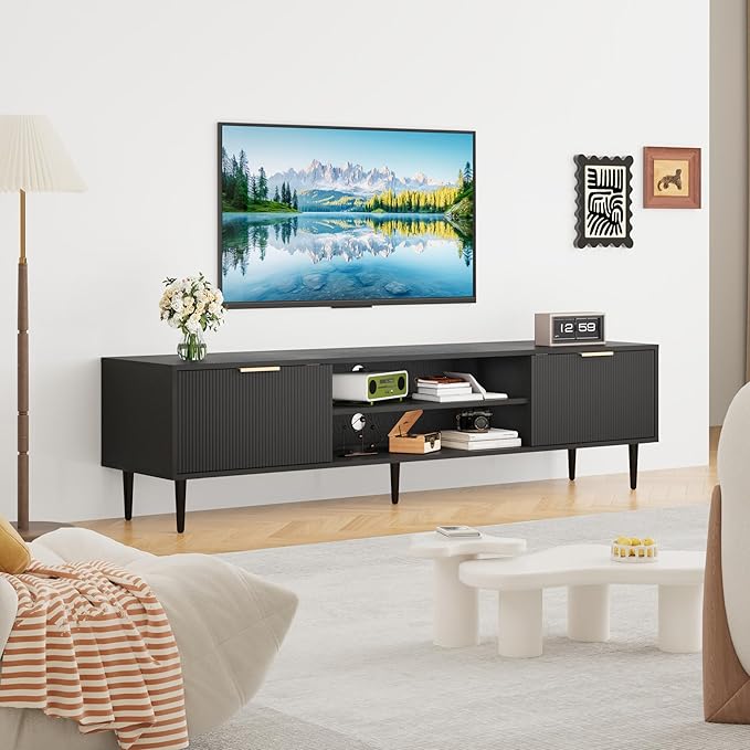 GarveeHome Black TV Stand, TV Stands for Living Room 75 inch, Entertainment Center with 2 Large Storage Cabinets, Media Console Table, Metal Handle Door, TV Stand for Bedroom, Office Furniture