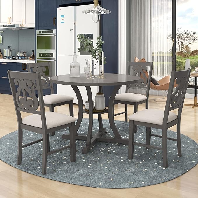Merax 5 Piece Round Dining Table Set 4 Retro Chairs with Special-Shaped Table Legs, Exquisitely Designed Hollow Chair Back for Dining Room, Gray