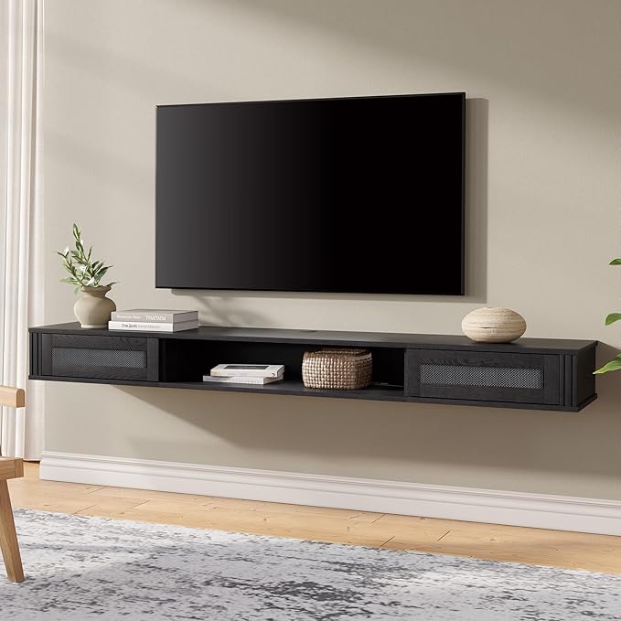 WAMPAT Floating TV Stand Shelf with Power Outlet, Mid Century Modern Wall Mount Shelf for TVs up to 80",Media Console TV Cabinet with 2 Rattan Doors