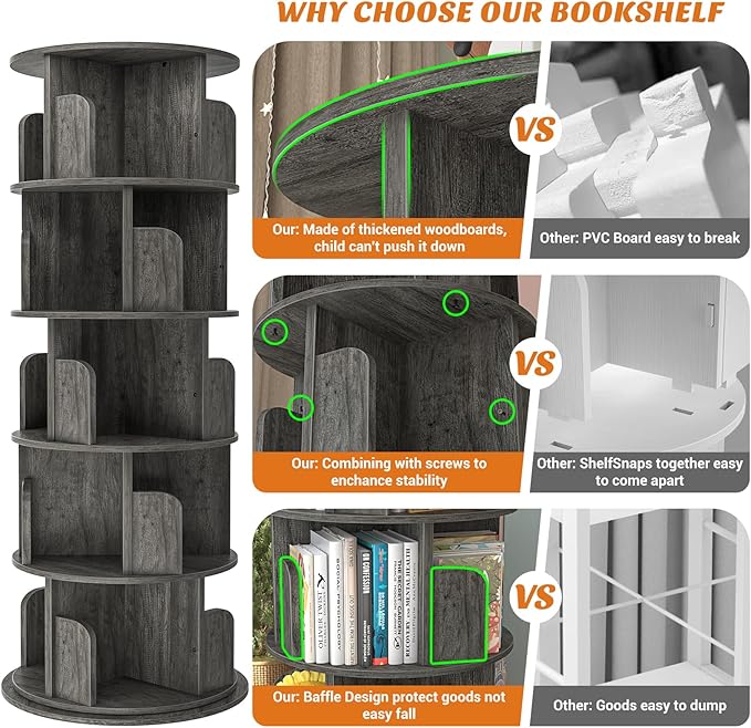Aheaplus Rotating Bookshelf, 360 Display Wood Spinning Bookshelf Tower, 5 Tier Floor Standing Bookcase Storage Rack, Revolving Bookcase Corner Bookshelf for Small Space, Bedroom, Study Room,Black Oak