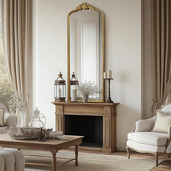 G-LEAF Vintage Baroque Full Length Floor Mirror 22"X65", Victorian Antique Mirror with Brush Gold Ornate Metal Frame for Fireplace Entryway Living Room Hallway Bathroom