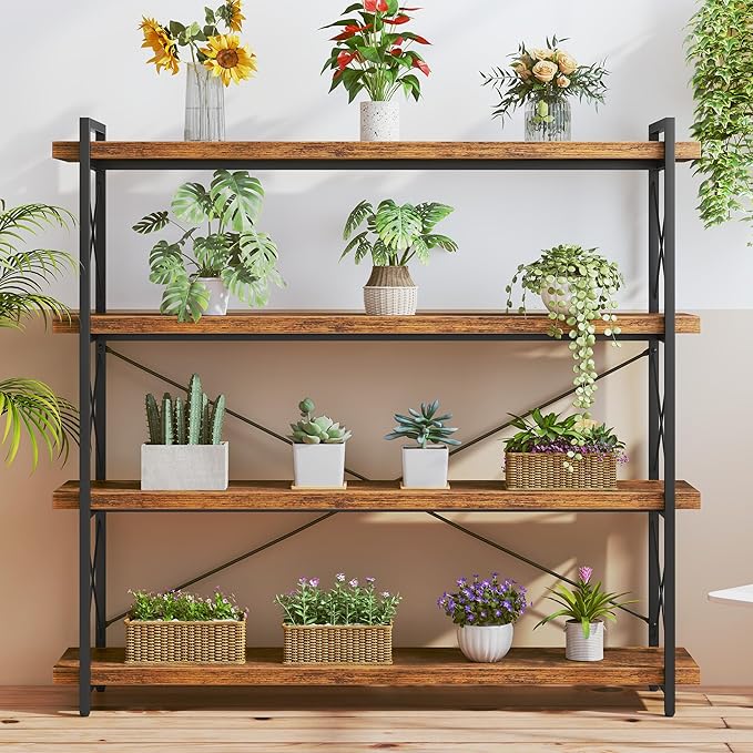 HCHQHS Large Bookshelf, 4-Tier Long Industrial Bookcase, Rustic Brown Book Shelf, Freestanding Horizontal Bookshelves with Metal Frame