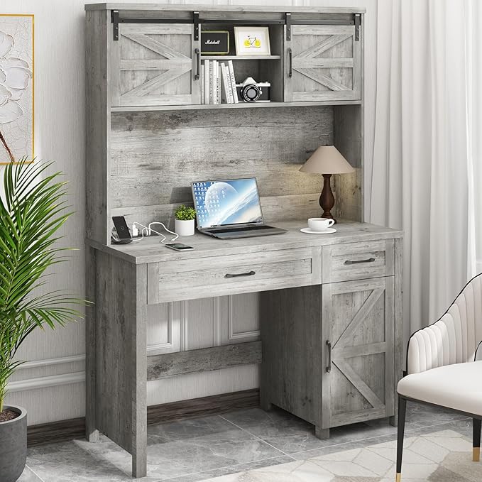 Farmhouse 47" Executive Desk, Computer Desk with Drawers and Storage Cabinet, Workstation with Hutch for Home Office