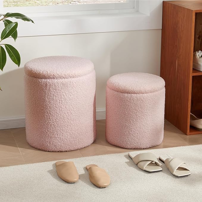 Boucle Round Ottoman with Storage Set of 2,Small Foot Stool Ottoman for Living Room, Small Coffee Table,Vanity Stool with Storage for Bedroom, Pink