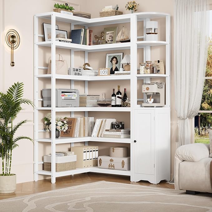 Keyluv 72" Tall Corner Bookshelf with Door, 6-Tier L Shaped Bookshelves and Bookcase with Storage Cabinet, 2 Pieces Individual Convertible Book Shelf, Display Shelf for Home Office Living Room, White