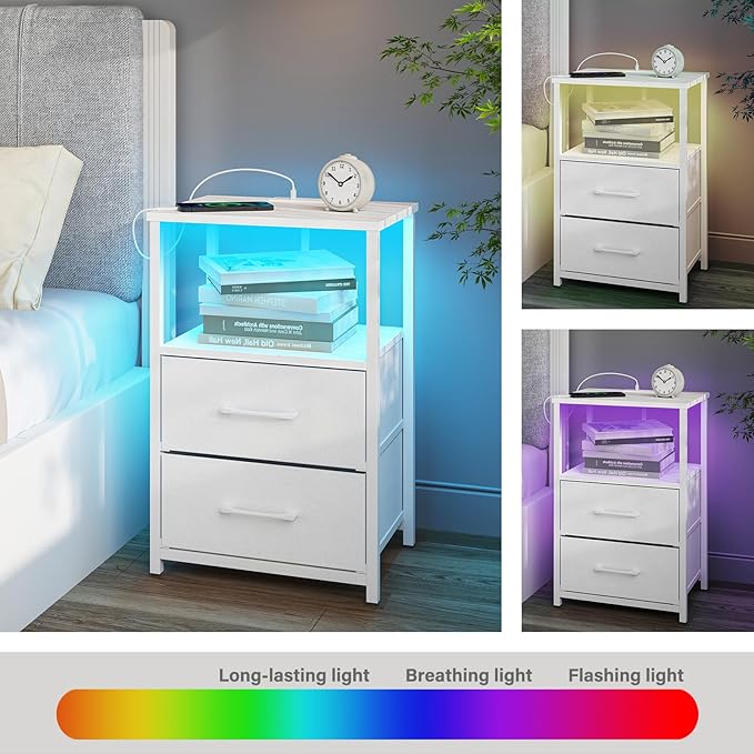 TUTOTAK LED End Table with Charging Station, Nightstand with Cloth Drawer, Side Table with 1 USB Port and 1 Type-C Port, Set of 2, Couch Table, White TB01BW052L