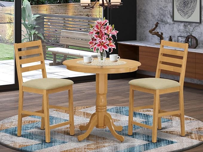 East West Furniture JACF3-OAK-C 3 Piece Kitchen Counter Height Dining Table Set Contains a Round Pub Table with Pedestal and 2 Linen Fabric Upholstered Chairs, 36x36 Inch, Oak