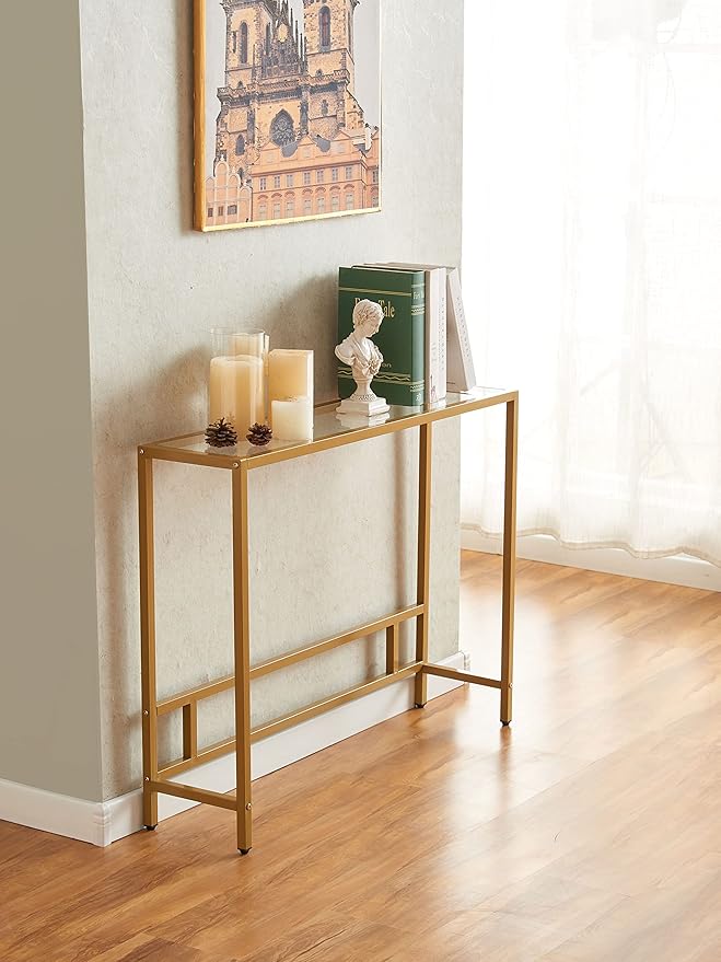 MAJARO Small Modern Console Table for Entryway, Tempered Glass with Metal Frame Sofa Table for Living Room, Hallway, Office (Single-Layer, Gold)