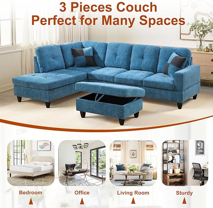 Osparple L Shaped Couch Sectional Couches for Living Room Upholstered Flannel 3 Pieces Modular Sectional Sofa with Chaise, Ottoman with Storage for Living Room and Small Apartment, Steel Blue