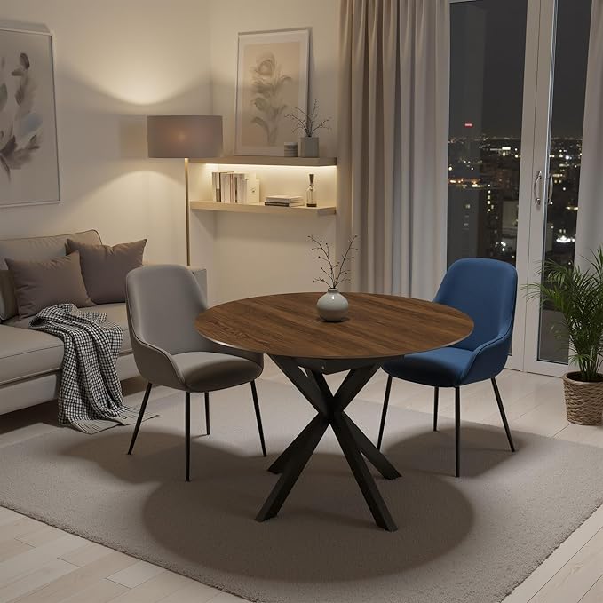 43"- 59" Extendable Dining Table for 4-6, Retractable Round Dinner Table Wood Oval Kitchen Tables Farmhouse Steel Base Dining Room Tables for Small Space, Kitchen, Living Room, Walnut