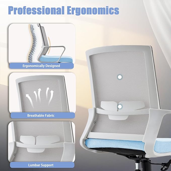Office Chair ergonomically Designed with Breathable mesh backrest and Lumbar Support Adjustable Height Suitable for Offices Homes bedrooms Study Rooms Blue