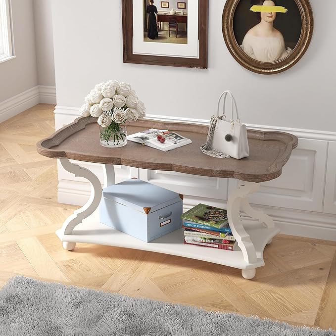 Function Home Farmhouse Coffee Table, Rustic White Cocktail Table with Storage Shelf, Sofa Table with Natural Tray Top and Carved Legs for Living Room Furniture Dining Room, Vintage White