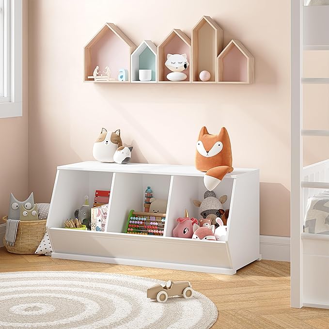 UTEX Stackable Toy Storage Cabinet, Wooden Cubby Organizer, White Shelf for Playroom, Bedroom, Living Room, Nursery, 3 Cubes