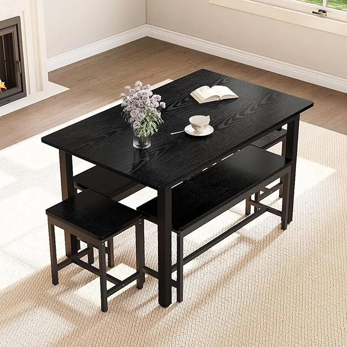GarveeHome 5-Piece Dining Table Set for 4-8 People, 63" Large Extendable Kitchen Table Set with 2 Benches and 2 Square Stools, Modern Dining Room Furniture Sets, Easy Assembly, Black
