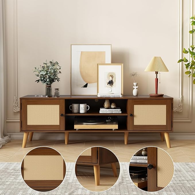 TV Stand for TVs up to 65 inches, Rattan Grain Finish Panel with 2 Storage cabinets, Modern Minimalist Style, Living Room, Audio-Visual Room for Multiple Rooms,3 Colors Available (Walnut)