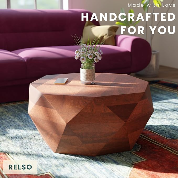 Relso Solid Wood Geometric Faceted Coffee Tables Living Room, Crafted for Versatile Use | Drum Round Shaped | for Living Rooms | Wooden Drum Coffee Table Octavian Table