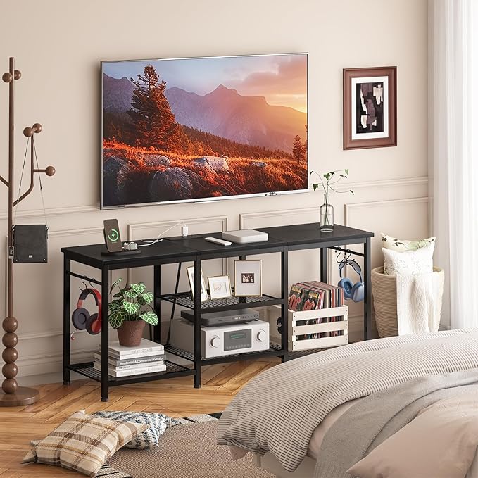 YGEOMER Entertainment Center for 55 inch TVs, TV Stand with Power Outlet and Open Storage Shelves, TV Media Console Table for Living Room and Bedroom,Black