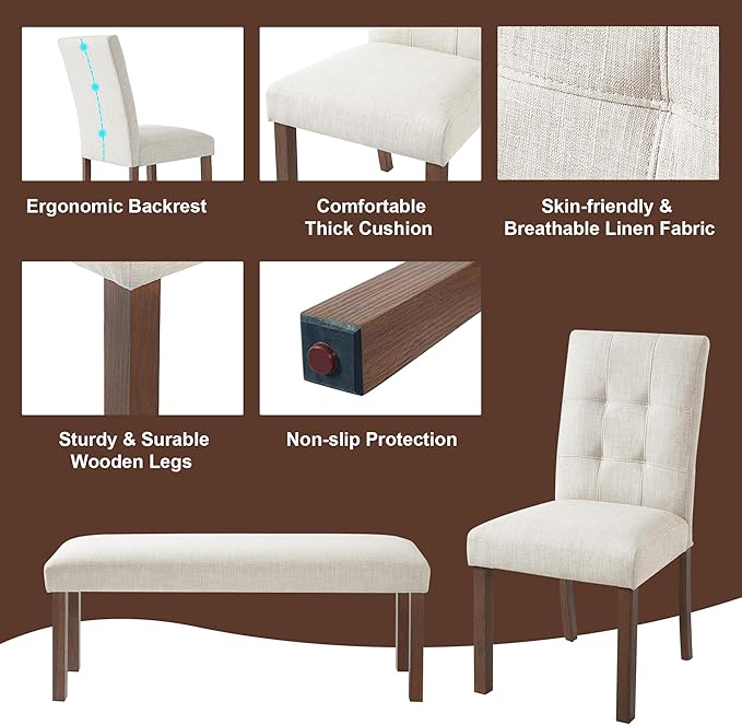 Ball & Cast Dining Table Set for 6 W/Bench & 4 Upholstered Chairs,6 Piece Dining Set W/ 60" Rectangle Kitchen Table & Anti-Scratch Pads,Table and Chairs Set for Living Room,Dining Room,Walnut