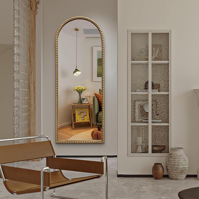 Vintage Full Length Wall Mirror, Large Gold Arch Floor Mirror 20"X53" with Antique Beaded Metal Frame for Dresser Living Room, Decorative Mirrors for Entryway Hallway Bathroom