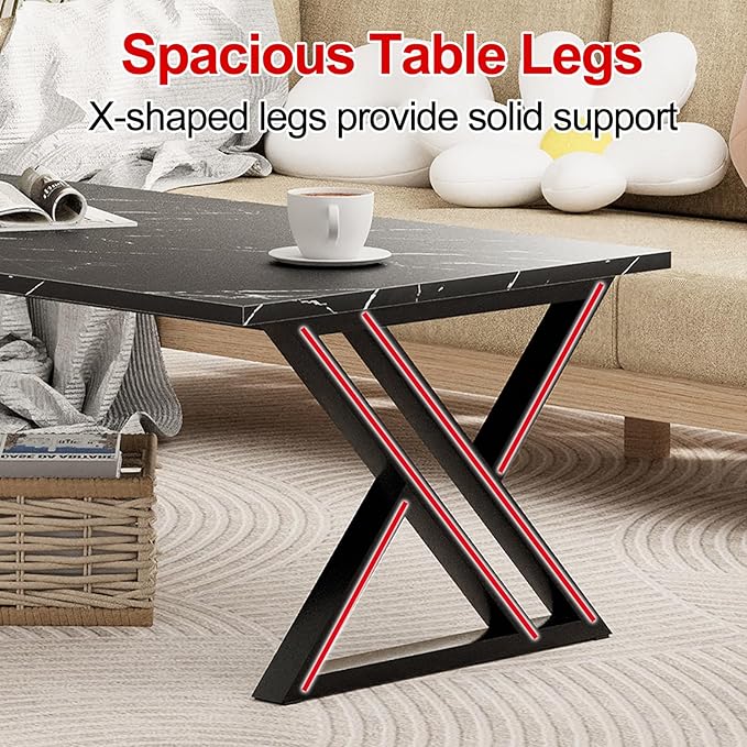 Coffee Table Living Room Table Black Center Table, Simple Modern Faux Marble Rectangular Tea Table with Sturdy Black-Finished Metal Frame,Industrial Wooden Coffee Table for Bedroom Home Office