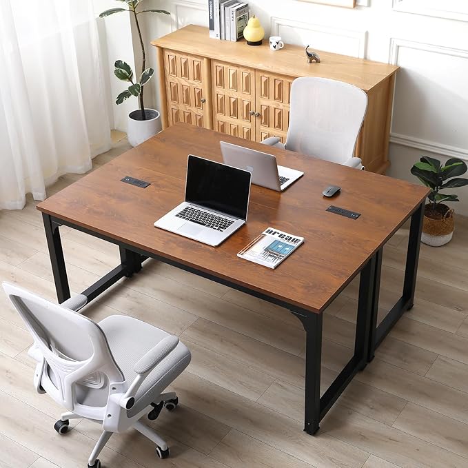 Large Computer Desk - 63 Inch Home Office Desks Study Student Writing Table Gaming Desk Wood Modern Simple Table with USB Ports, L.Brown