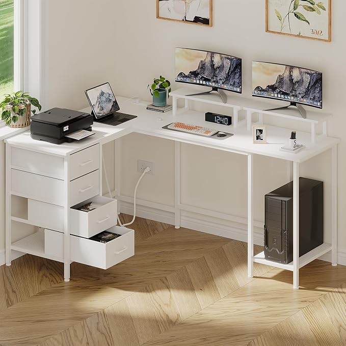 59 inch L Shaped Computer Desk with Power Outlets, Home Office Desk with 4 Adjustable Storage Drawers & 2 Monitor Stands, Two Person Gaming Table for Bedroom, White