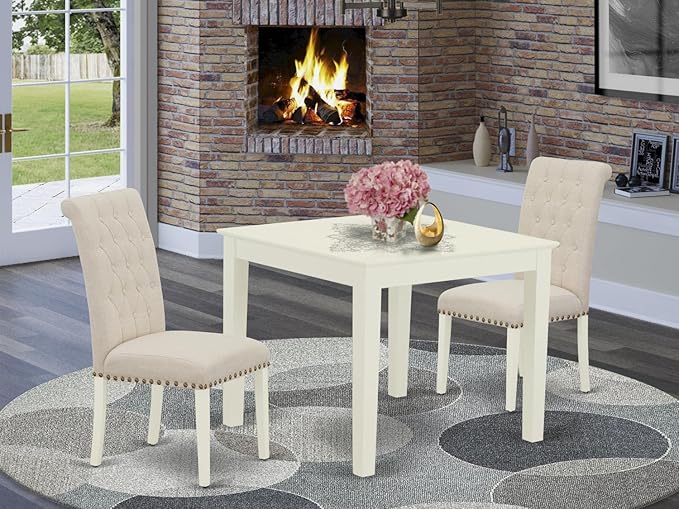 East West Furniture OXBR3-LWH-02 3 Piece Dining Room Furniture Set Contains a Square Dining Table and 2 Light Beige Linen Fabric Parsons Chairs, 36x36 Inch, Linen White