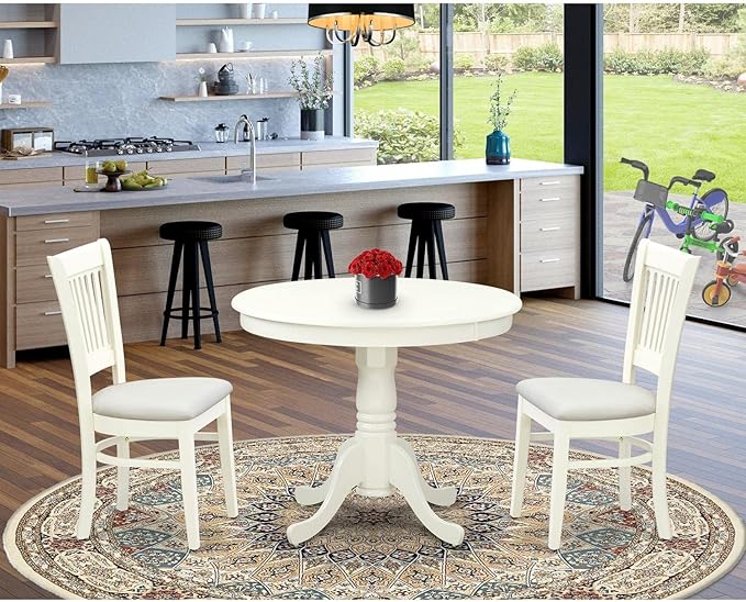 East West Furniture ANVA3-LWH-C 3 Piece Dining Table Set for Small Spaces Contains a Round Kitchen Table with Pedestal and 2 Linen Fabric Kitchen Dining Chairs, 36x36 Inch, Linen White