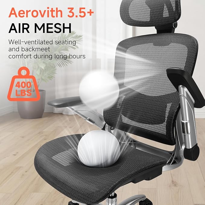 COMHOMA Big and Tall Ergonomic Mesh Office Chair, High Back Home Desk Chair Computer Gaming Chair with Headrest, Flip-Up Arms, 90-125° Tilt Lock and Wide Cushion, Task Chair for Man Woman- Black