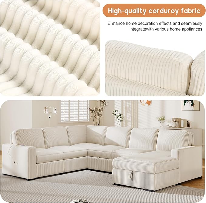 115.6 Inch U-Shaped Modular Sectional Sofa with Pull Out Bed, Storage Chaise and USB interfaces, Oversized Upholstered Combination Corner Couch for Living Room, Office, Spacious Space, Beige