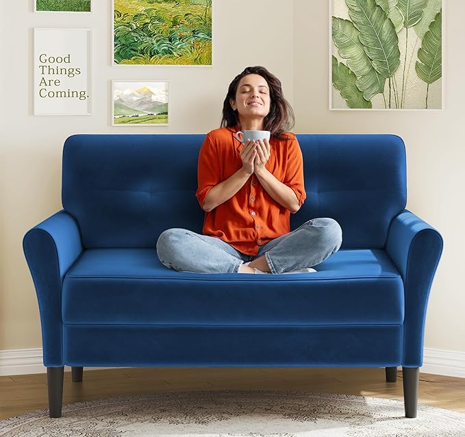Small Sofa Couch, 48" Loveseat Sofa, Soft Velvet Love Seat Couches, Small Couch for Bedroom with 21" Deep Seat, Comfy Couches for Living Room, Tool-Free Setup Sofas for Living Room, Dark Blue