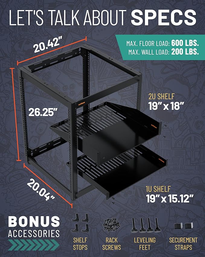 ECHOGEAR 15U Open Frame Rack for Servers & AV Gear - Wall Mountable Design Includes 2X Vented Shelves, 25x Rack Mounting Screws, 4X Leveling Feet, 4X Shelf Stops, & 2X Securement Straps
