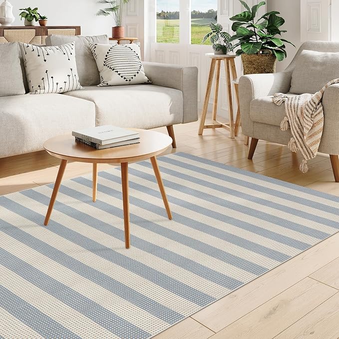 OJIA Striped Outdoor Area Rug 5'x7' Outdoor Rug, Washable Patio Rug Farmhouse Cotton Woven Bedroom Rugs Indoor Outdoor Rugs Living Room Carpet for Dining Room Deck Backyard Camping (Blue/White/Tan)