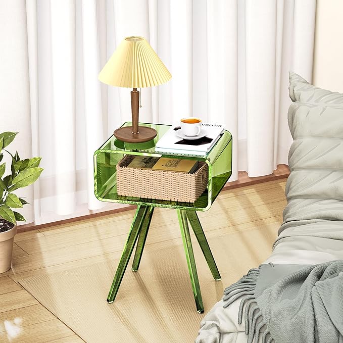 Acrylic Side Table, Acrylic Nightstand Bedside Table for Bedroom (Green, 16.5'' x 11.8'' x 21.6'')