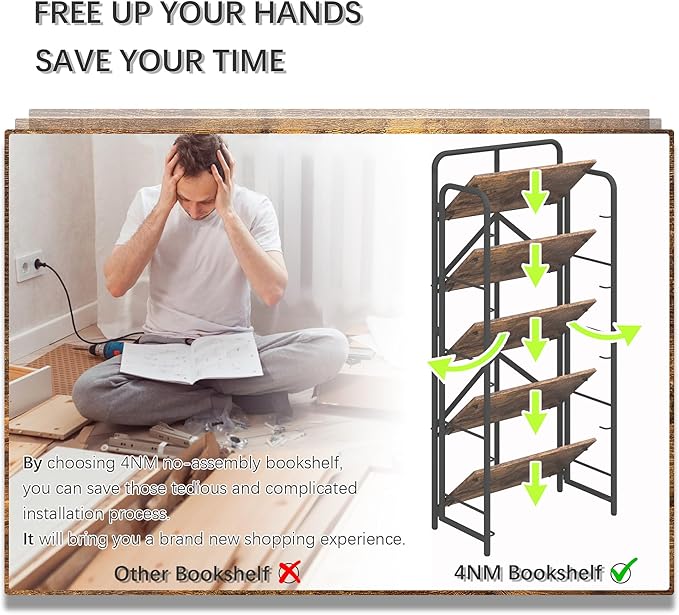 4NM No Assembly Folding Bookshelf 5 Tiers Vintage Industrial Black Book Shelf Metal Foldable Storage Bookcase and Bookshelves for Living Room,Bedroom and Kitchen - Rustic Brown