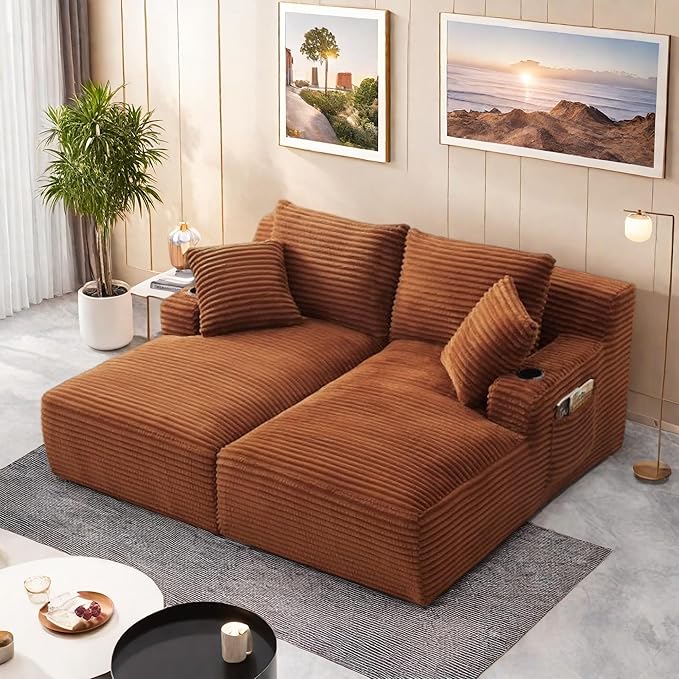 Oversized Sectional Double Chaise Lounge, Compressed Boneless Lounge Chaise with Cupholders, Boneless Sofa with Deep Seat, Fluffy Modern Sleeper Loveseat for Indoor Living Room, Orange