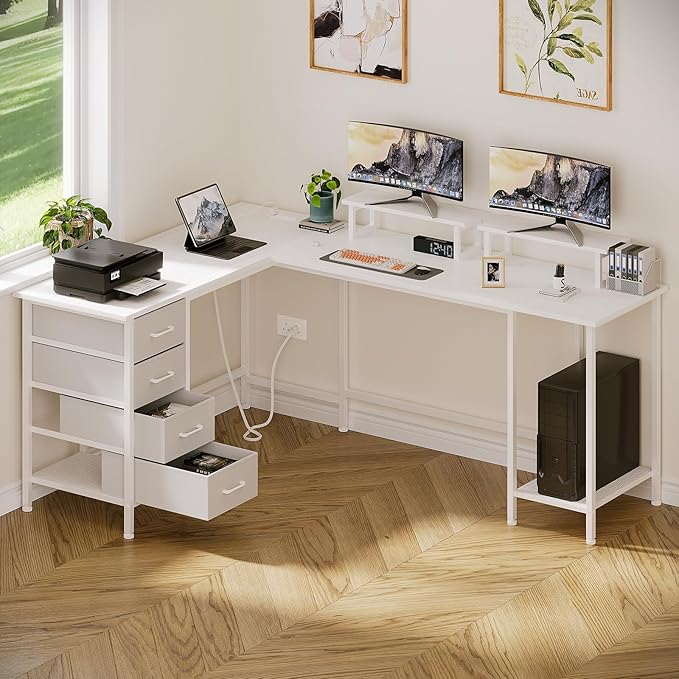 66" L Shaped Computer Desk, 94.4'' Home Office Desk with Power Outlets, 4 Adjustable Storage Drawers & 2 Monitor Stands, Large Two Person Gaming Table for Writing Study, White