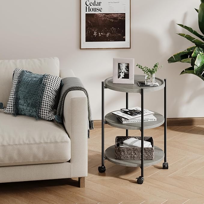 End Tables Living Room, 3-Tier Modern End Table with Wheels, Small Side Table Nightstand Bedside Table for Living Room, Bedroom, or Small Spaces-Gray