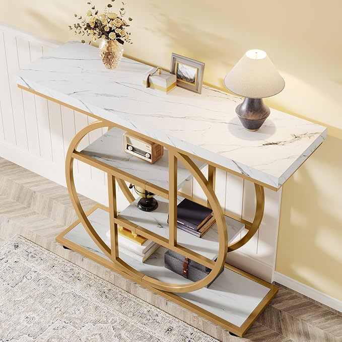 Tribesigns 41.3" Console Table, Industrial 4-Tier Sofa Entryway Table with Circle Base, Narrow Wood Accent Tables with Storage Shelves for Living Room, Hallway, Foyer, White Gold