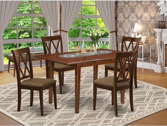East West Furniture PSCL5-MAH-C 5 Piece Modern Dining Table Set Includes a Rectangle Wooden Table with Butterfly Leaf and 4 Linen Fabric Kitchen Dining Chairs, 32x60 Inch, Mahogany