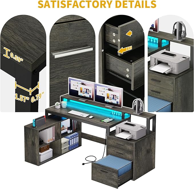DWVO L Shaped Desk with Drawers, 65" Computer Desk with Power Outlets & LED Lights, Corner Home Office Desk with Storage Shelves & Printer Stand, Grey