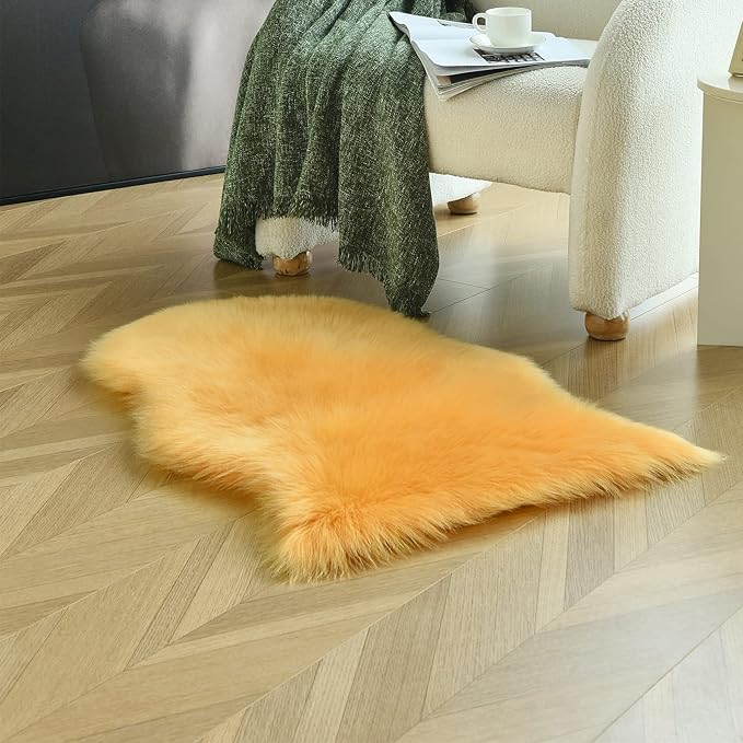 duduta Yellow Faux Sheepskin Throw Rug 2x3 ft, Fluffy Shag Fur Chair Cover Small Bedside Dorm Rug Non Slip Machine Washable